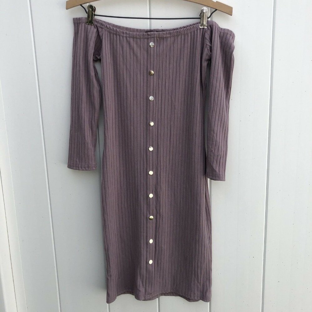 Say What Sheath Dress Mauve Ribbed Off Shoulder Short Sleeve Button Long Sleeve